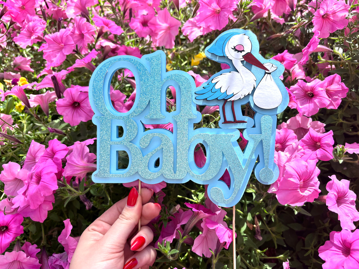 Topper 3D „Oh Baby” z bocianem – Baby Shower | Różowy lub Niebieski