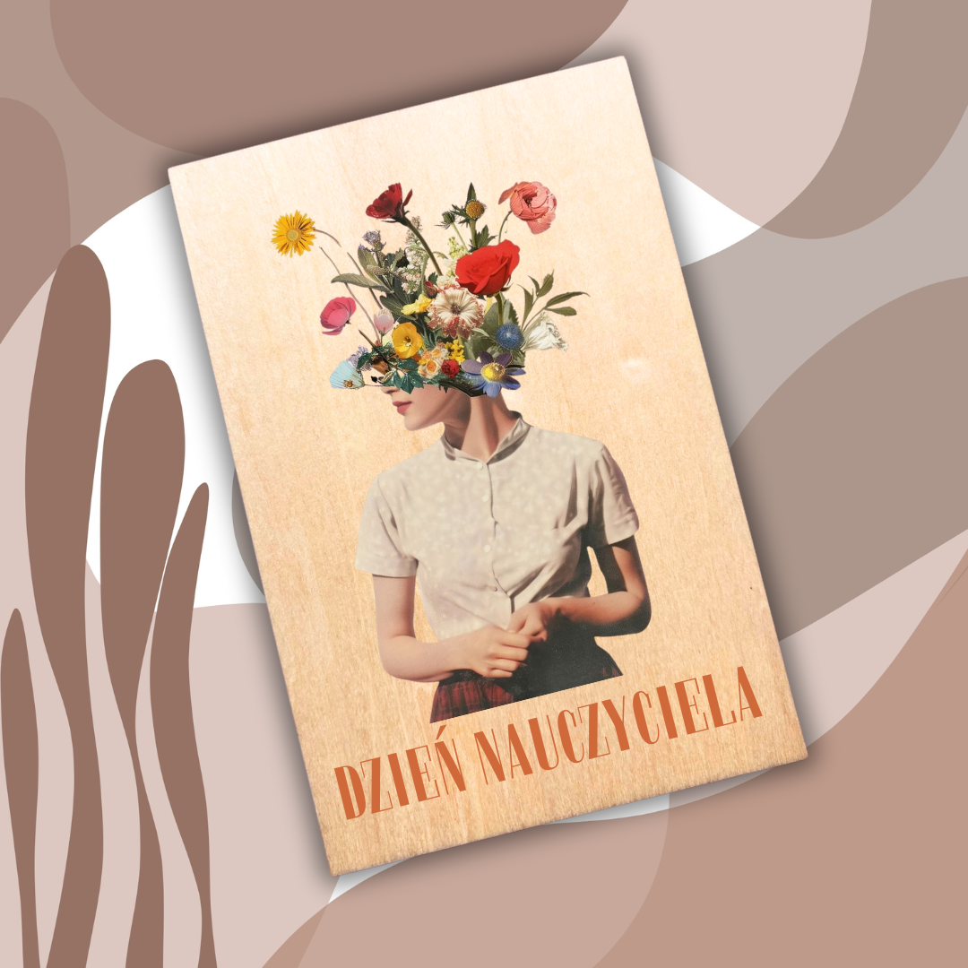 drewniana pocztówka na dzień nauczyciela z kobietą i kwiatami