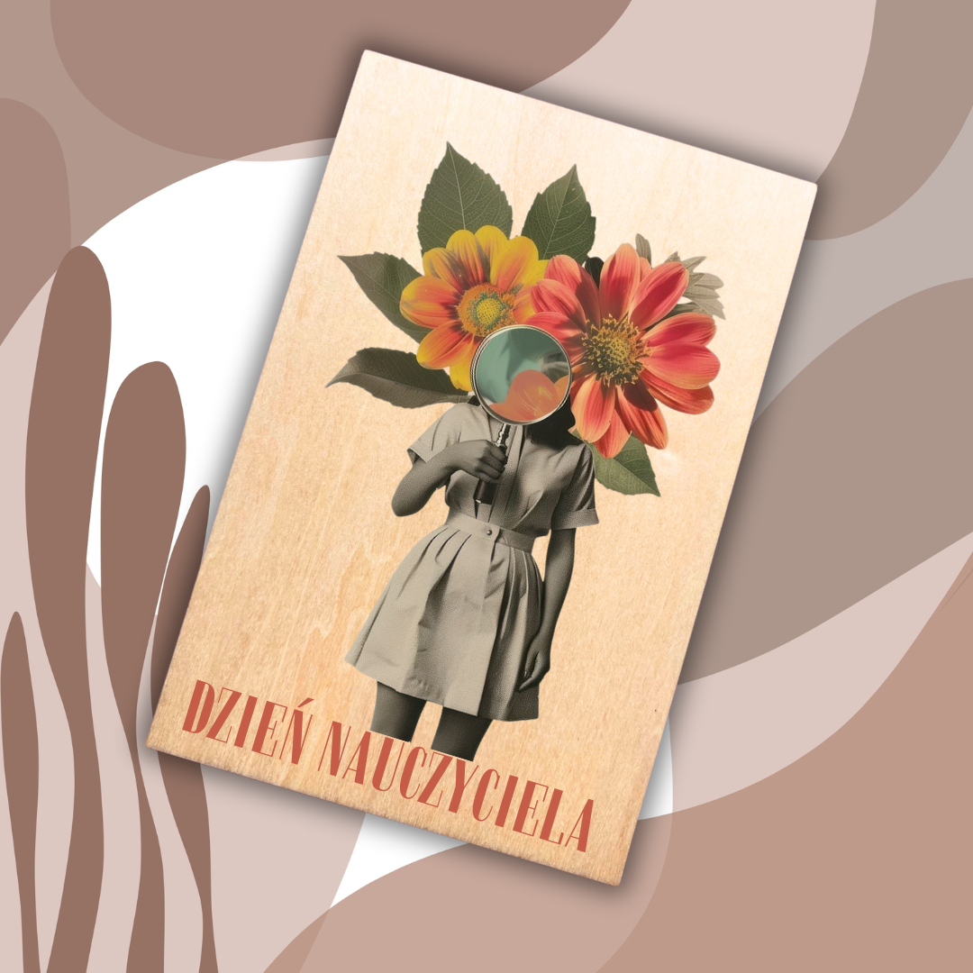 drewniana kartka okolicznościowa na dzień nauczyciela z kobietą z kwiatami i lupą