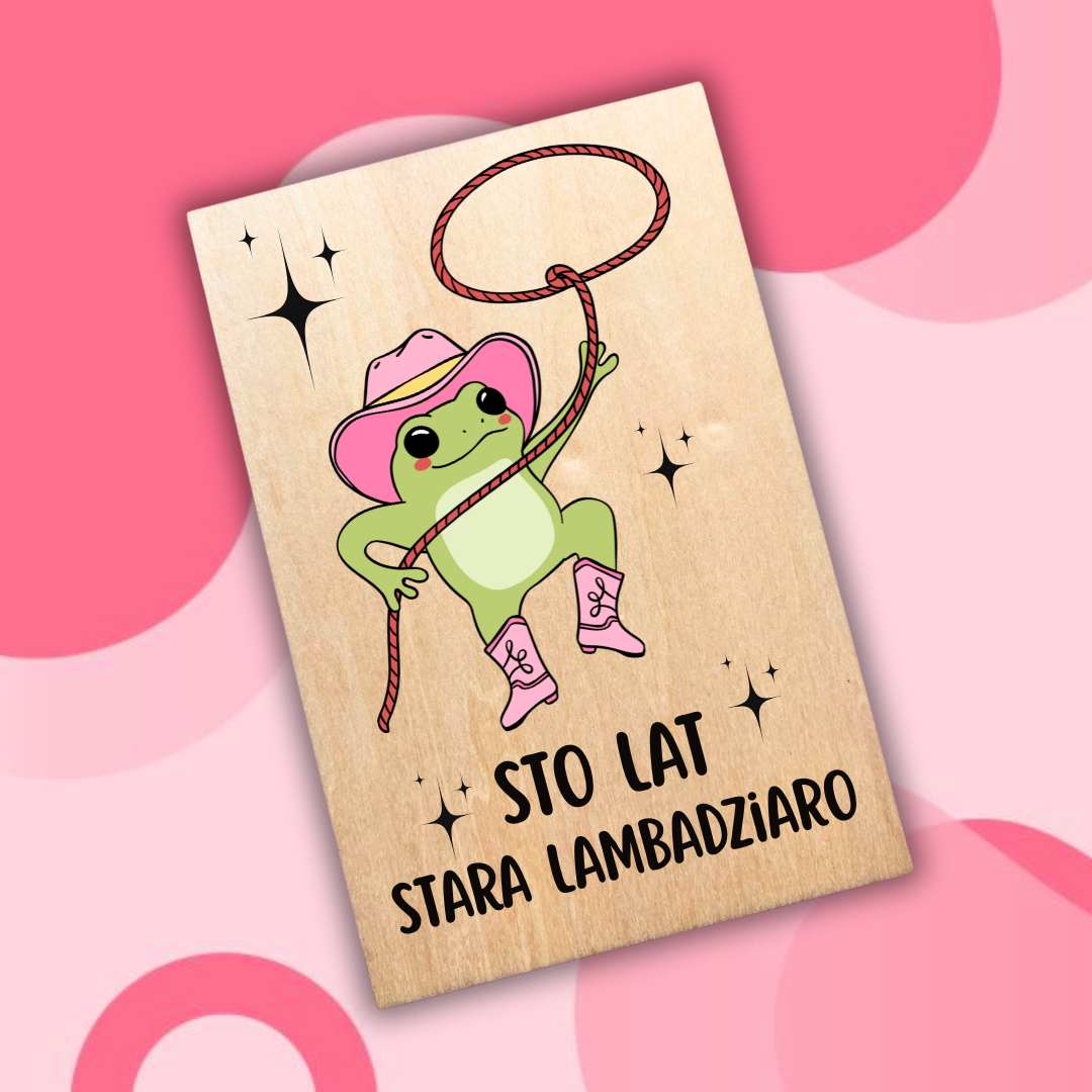 drewniana kartka urodzinowa z żabą kowbojką z lasso 