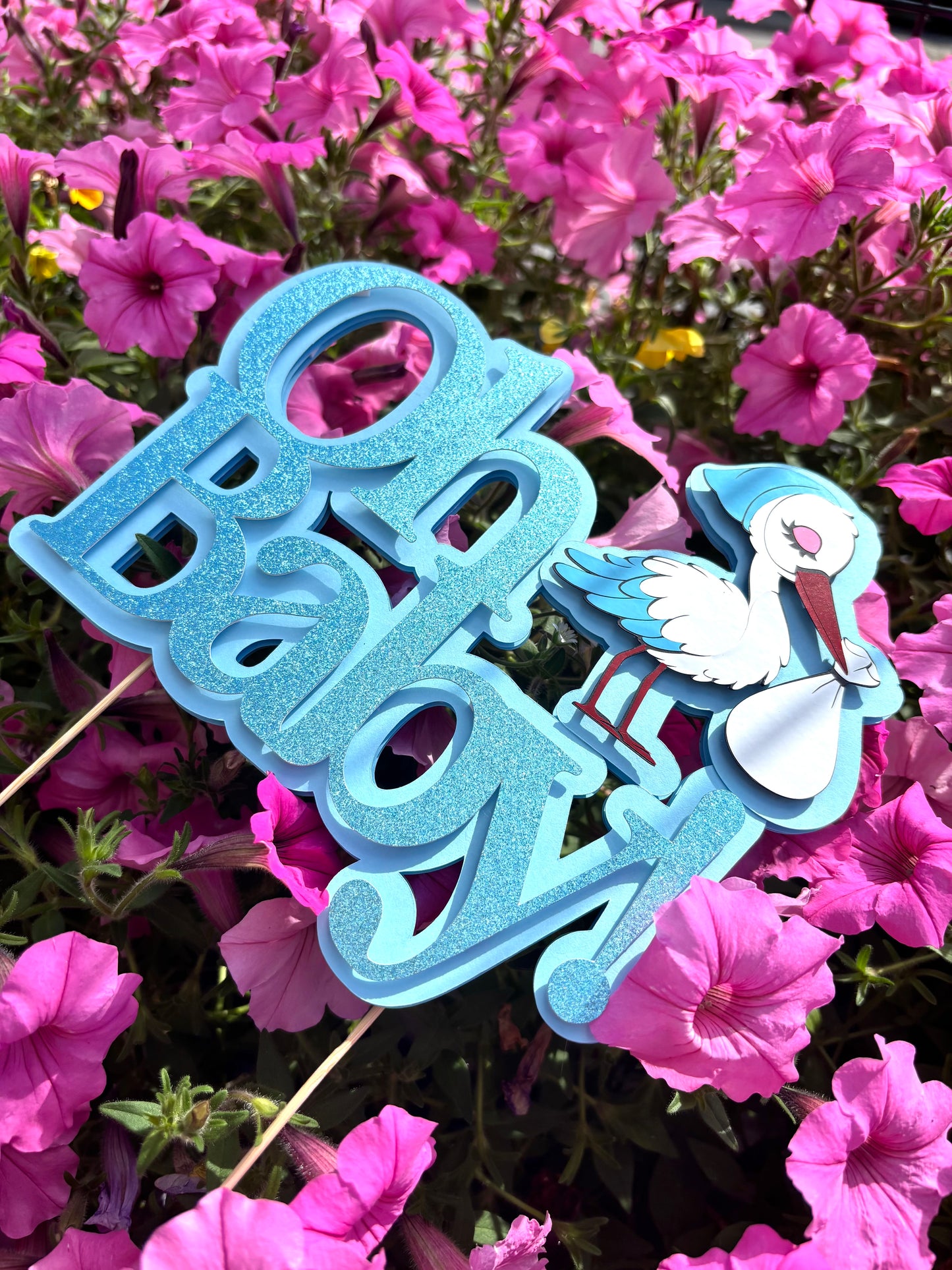 Topper 3D „Oh Baby” z bocianem – Baby Shower | Różowy lub Niebieski