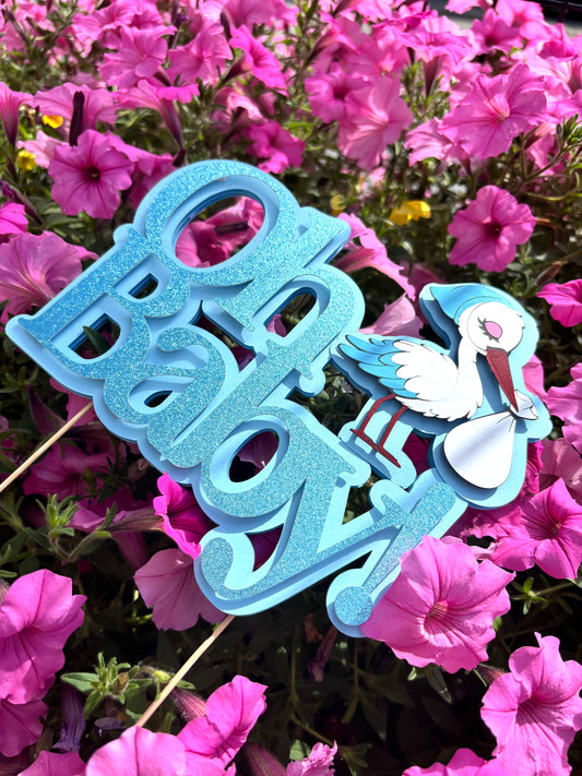 Topper 3D „Oh Baby” z bocianem – Baby Shower | Różowy lub Niebieski