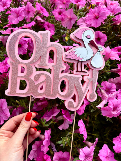 Topper 3D „Oh Baby” z bocianem – Baby Shower | Różowy lub Niebieski