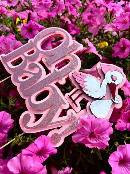 Topper 3D „Oh Baby” z bocianem – Baby Shower | Różowy lub Niebieski